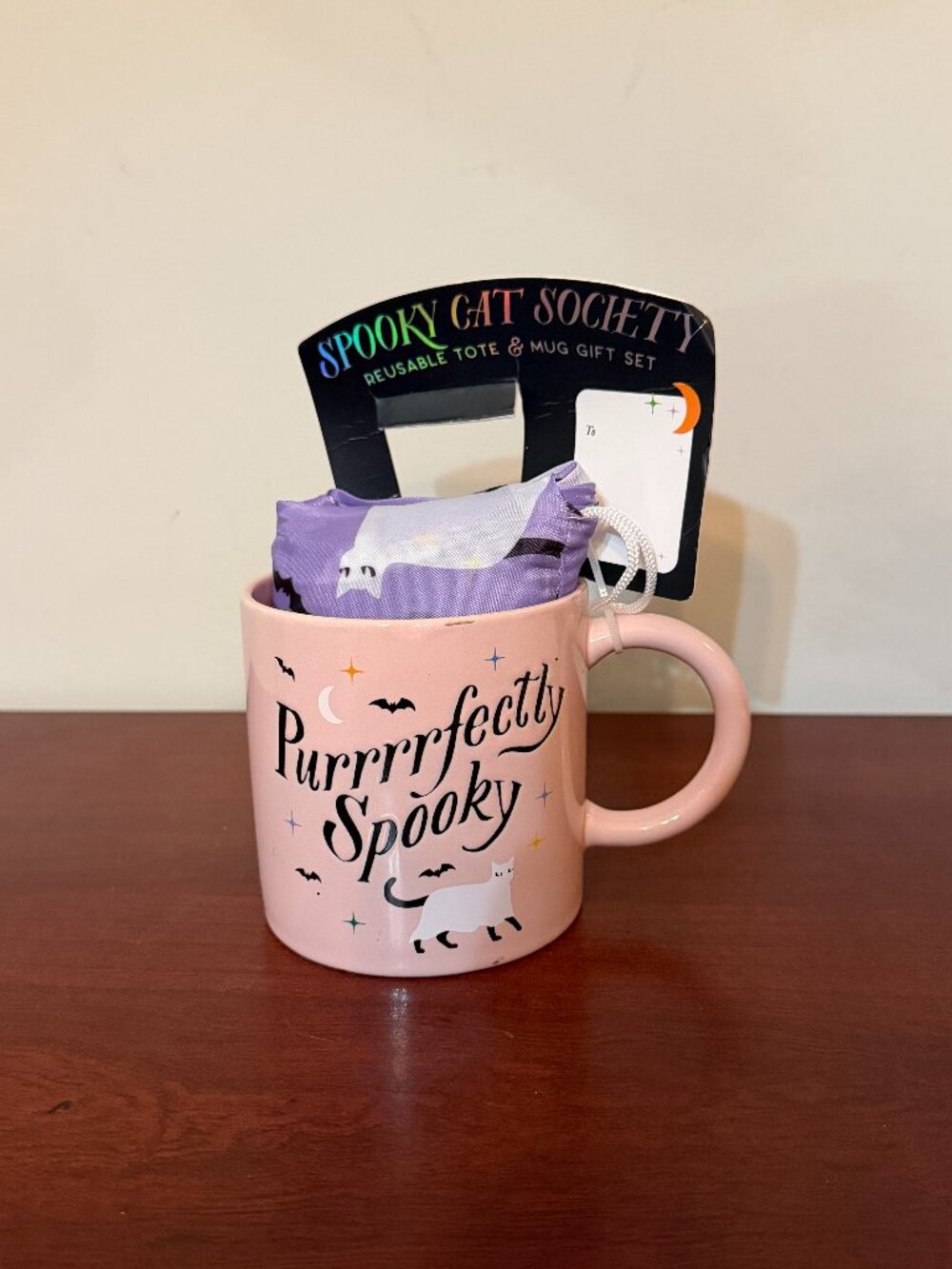 Spooky Cat Society Halloween Mug & Reusable Tote Bag Gift Set Pink Purple